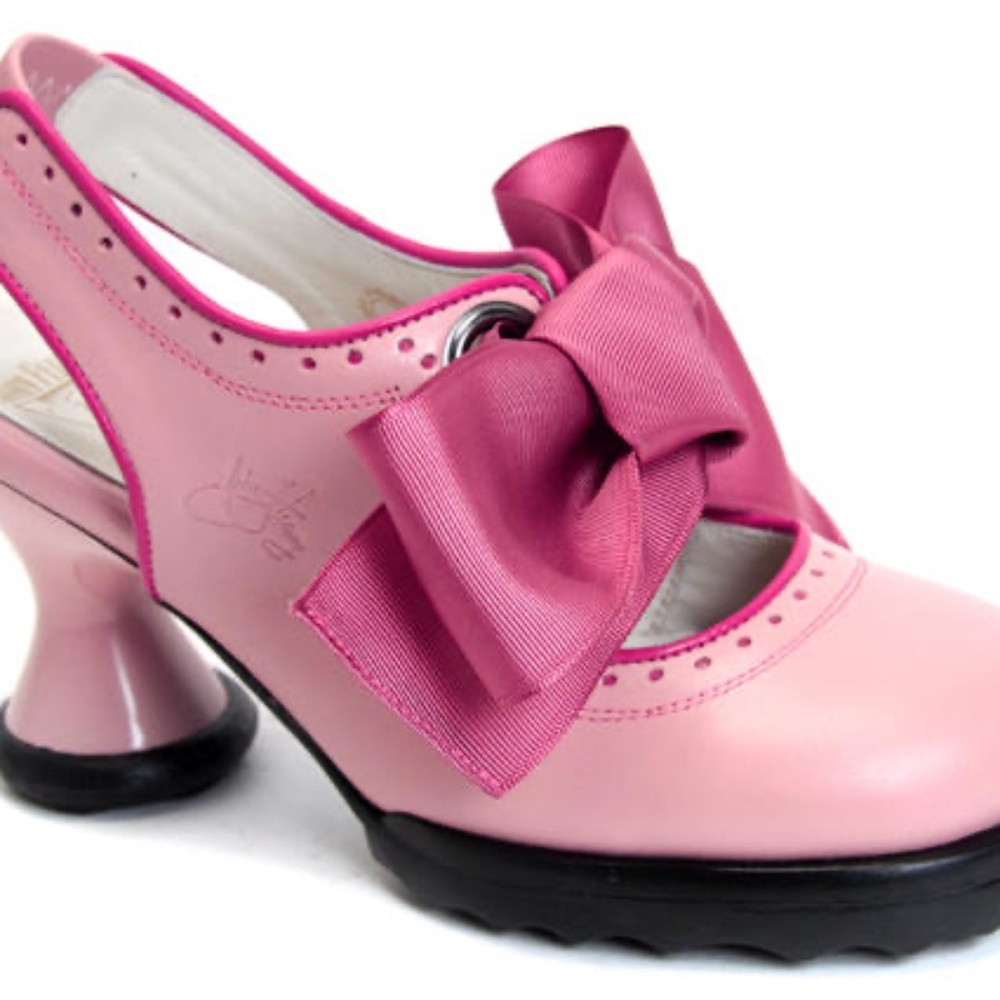 Fluevog Mini Sweet Pea pink slingback heels with ribbon bow